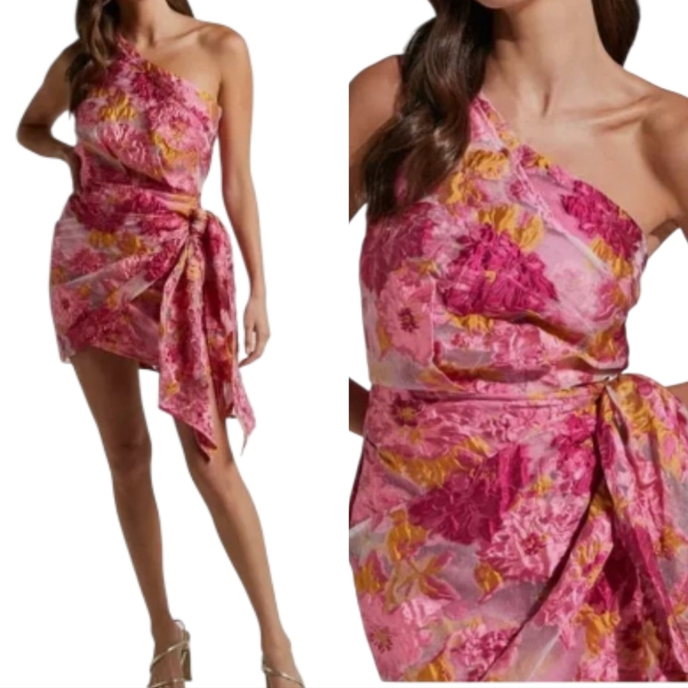Reverse Pink Jacquard Floral Brailey One Shoulder Sash Hip Organza Mini Dress